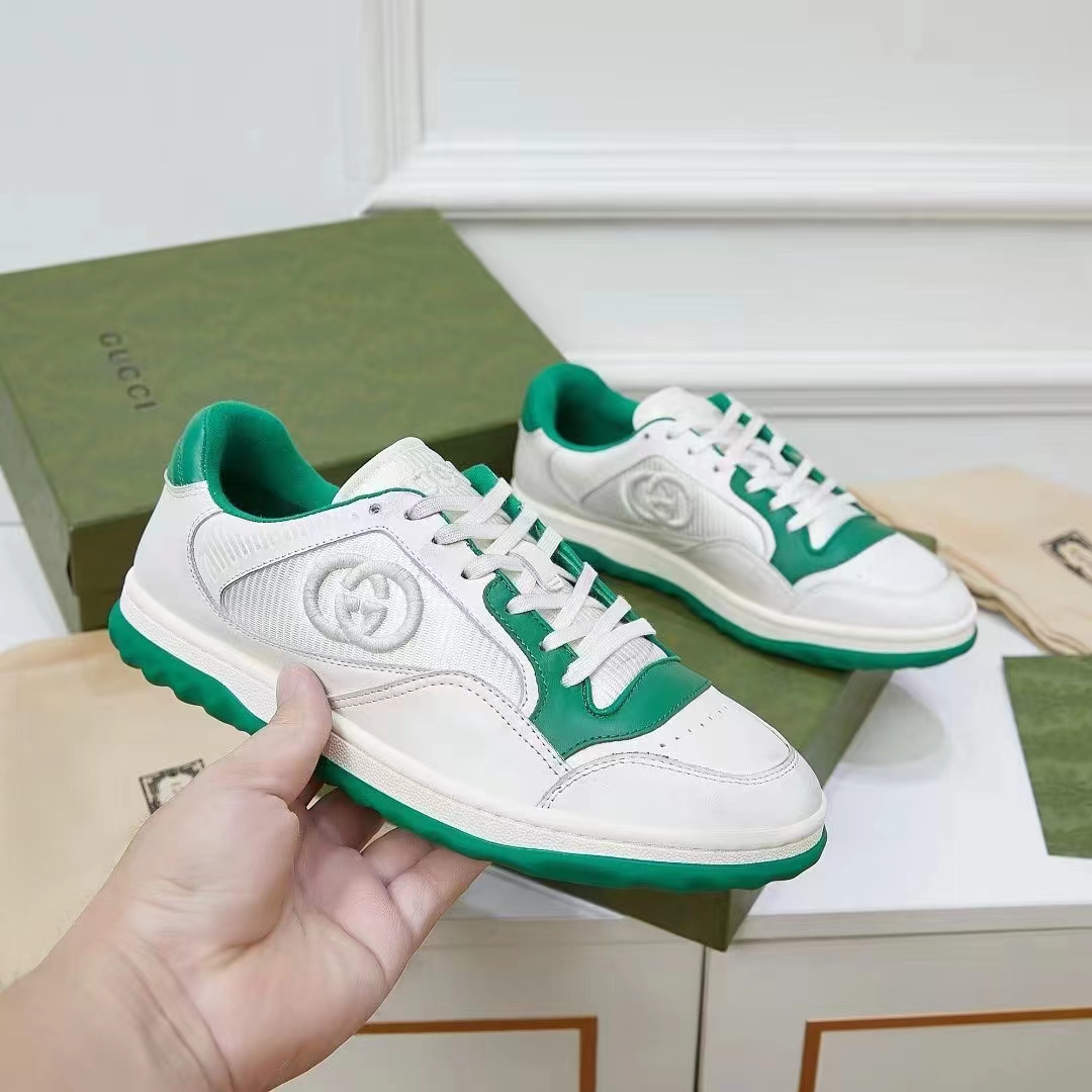 Gucci Unisex GG MAC80 Sneaker Off White Green Leather Round Toe Rubber Flat