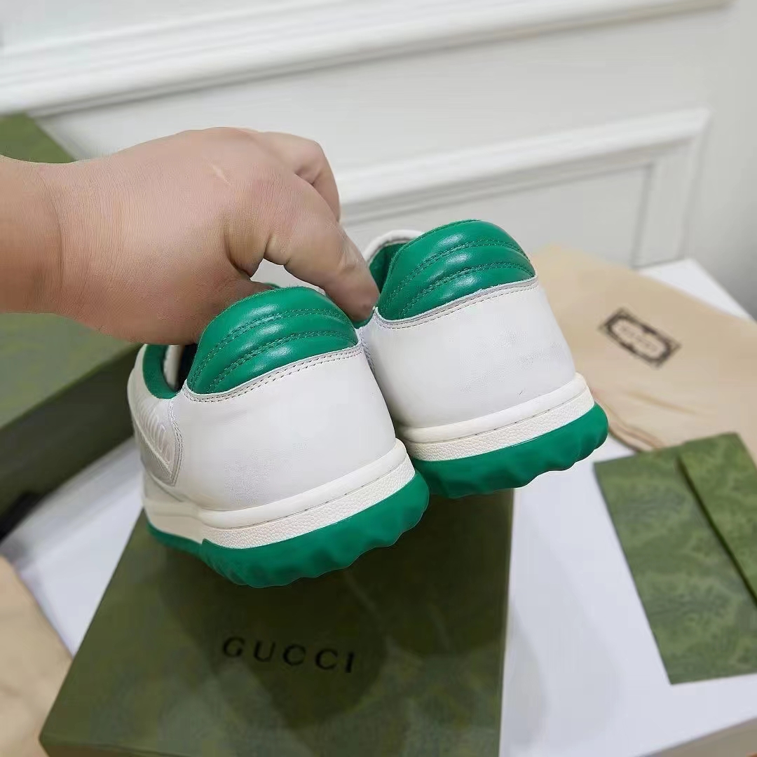 Gucci Unisex GG MAC80 Sneaker Off White Green Leather Round Toe Rubber Flat
