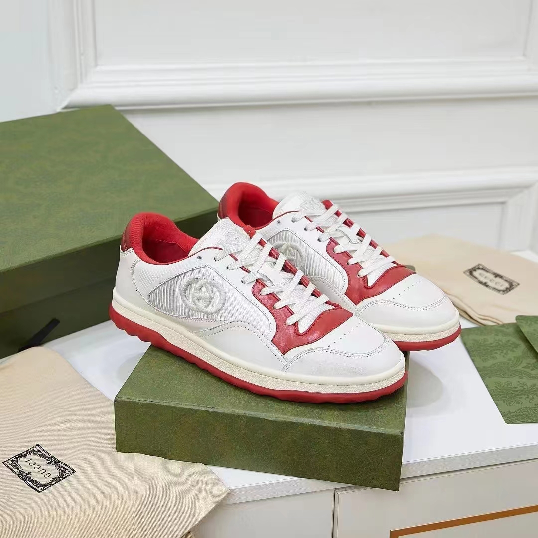 Gucci Unisex GG MAC80 Sneaker Off White Red Leather Round Toe Rubber Flat