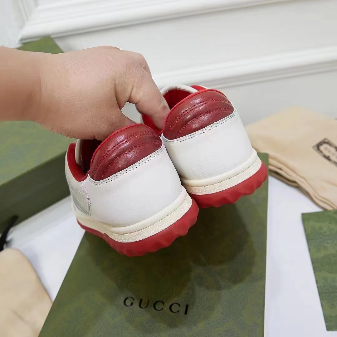 Gucci Unisex GG MAC80 Sneaker Off White Red Leather Round Toe Rubber Flat