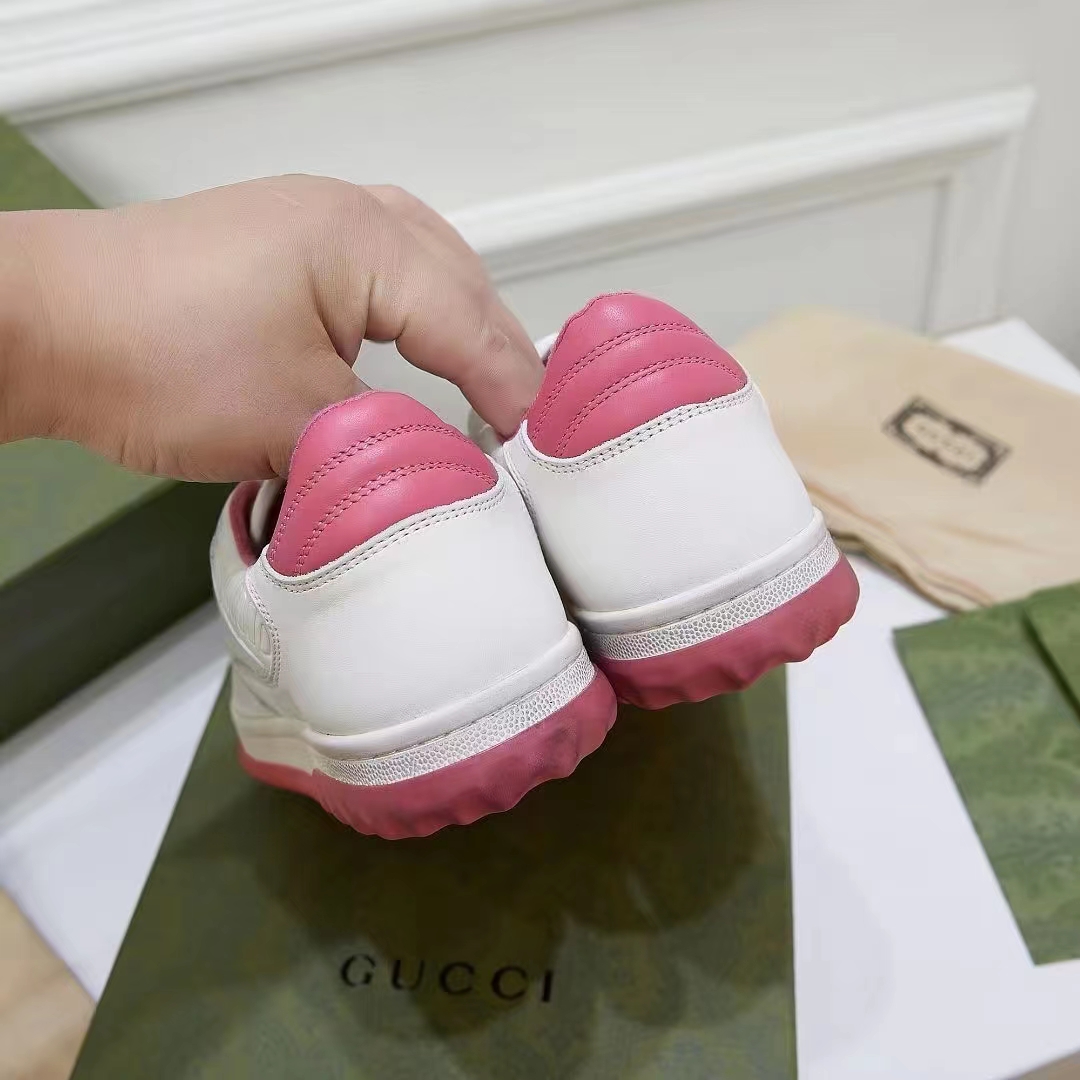 Gucci Unisex GG MAC80 Sneakers Off White Pink Leather Round Toe Rubber Flat