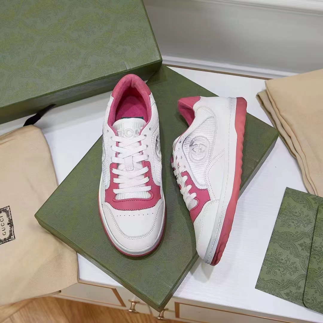 Gucci Unisex GG MAC80 Sneakers Off White Pink Leather Round Toe Rubber Flat