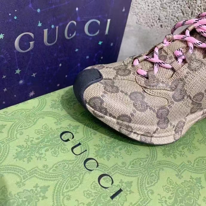 Gucci Unisex GG Run Sneaker Beige Ebony Leather GG Water Transfer Print