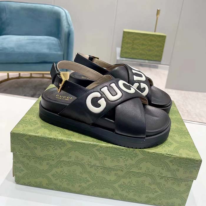 Gucci Unisex GG Sandal Black White Leather Script Rubber Buckle Flat