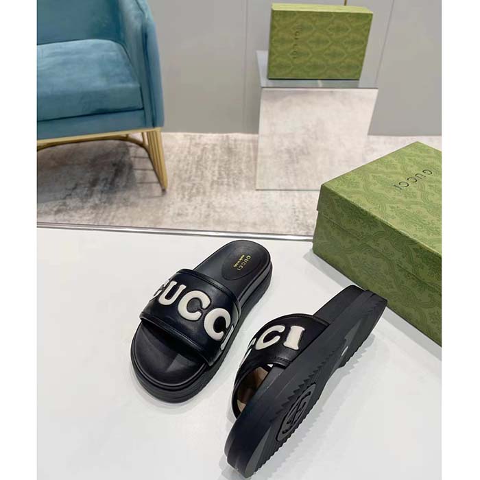 Gucci Unisex GG Slide Sandal Black White Leather Script Rubber Flat