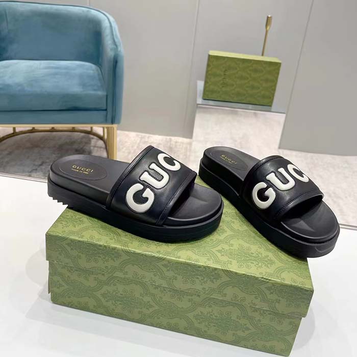 Gucci Unisex GG Slide Sandal Black White Leather Script Rubber Flat