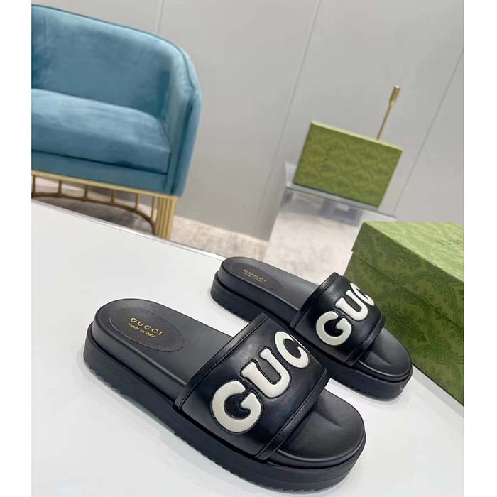 Gucci Unisex GG Slide Sandal Black White Leather Script Rubber Flat