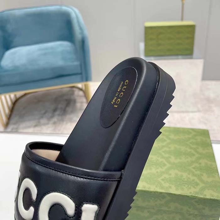 Gucci Unisex GG Slide Sandal Black White Leather Script Rubber Flat
