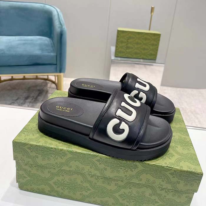 Gucci Unisex GG Slide Sandal Black White Leather Script Rubber Flat