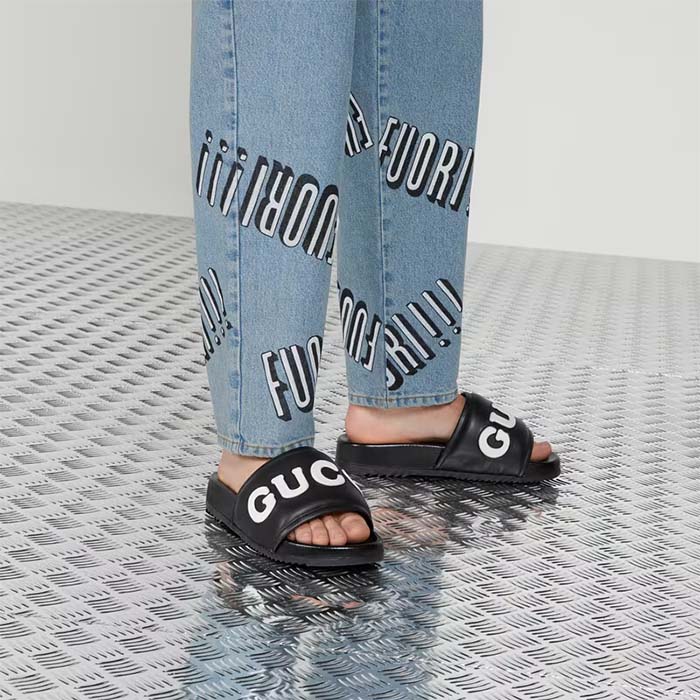 Gucci Unisex GG Slide Sandal Black White Leather Script Rubber Flat