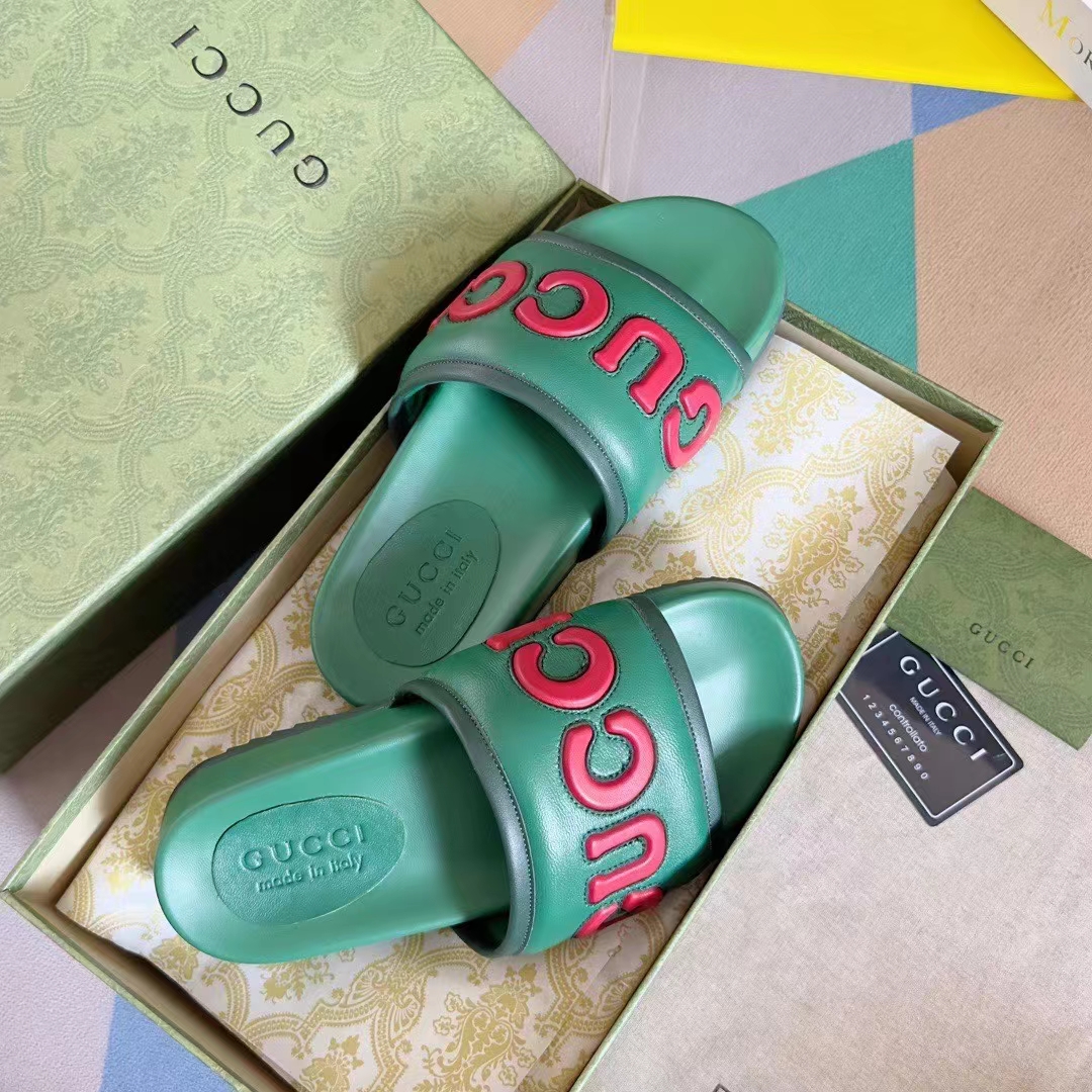 Gucci Unisex GG Slide Sandal Green Red Leather Script Rubber Flat 1 CM Heel
