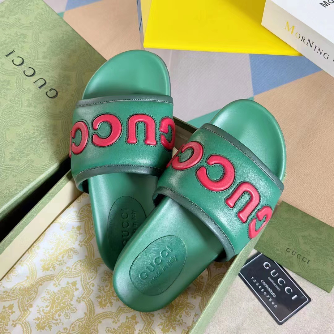 Gucci Unisex GG Slide Sandal Green Red Leather Script Rubber Flat 1 CM Heel