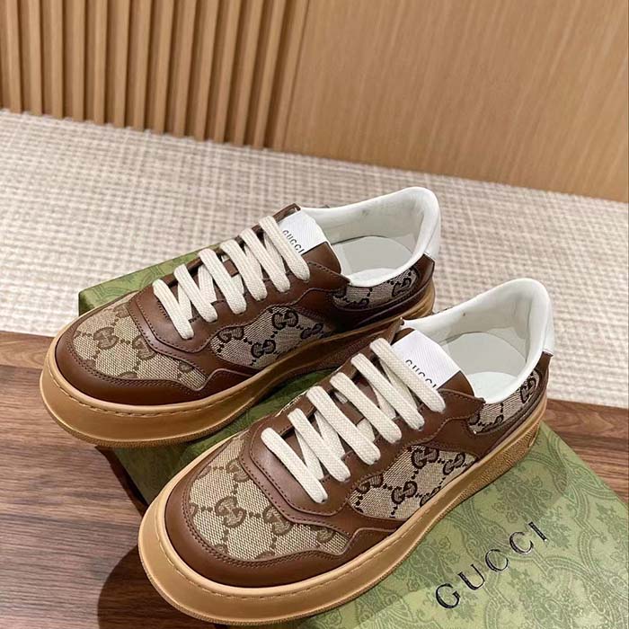 Gucci Unisex GG Sneaker Beige Ebony Orignal GG Canvas Lace-Up Closure Rubber