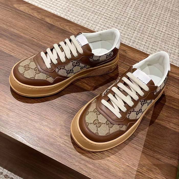 Gucci Unisex GG Sneaker Beige Ebony Orignal GG Canvas Lace-Up Closure Rubber