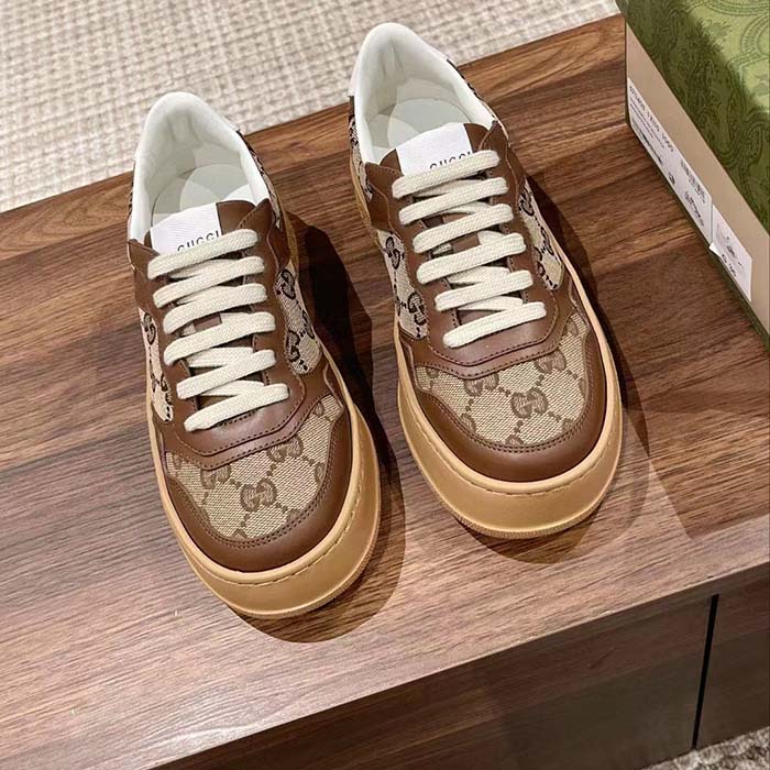 Gucci Unisex GG Sneaker Beige Ebony Orignal GG Canvas Lace-Up Closure Rubber
