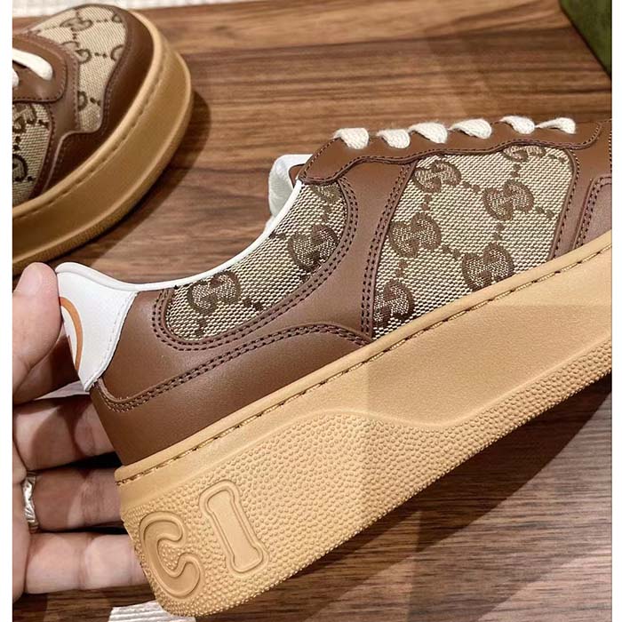 Gucci Unisex GG Sneaker Beige Ebony Orignal GG Canvas Lace-Up Closure Rubber