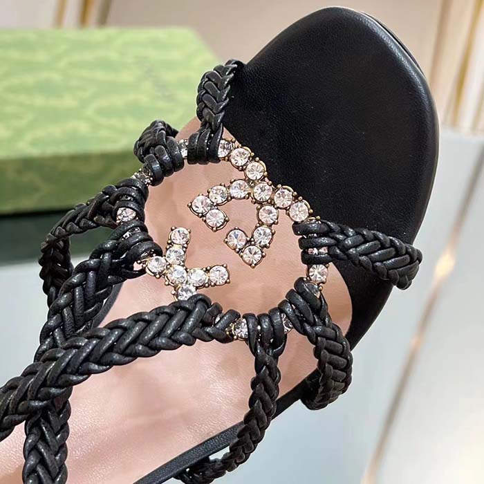 Gucci Women Crystal Interlocking G Sandal Black Braided Leather High 9 Cm Heel