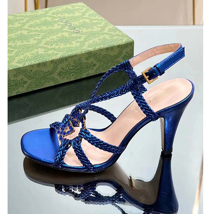 Gucci Women Crystal Interlocking G Sandal Blue Metallic Braided Leather High Heel