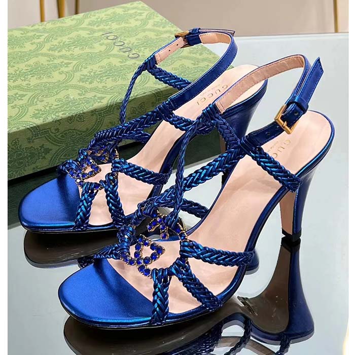 Gucci Women Crystal Interlocking G Sandal Blue Metallic Braided Leather High Heel