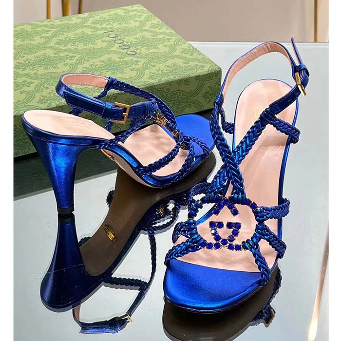 Gucci Women Crystal Interlocking G Sandal Blue Metallic Braided Leather High Heel