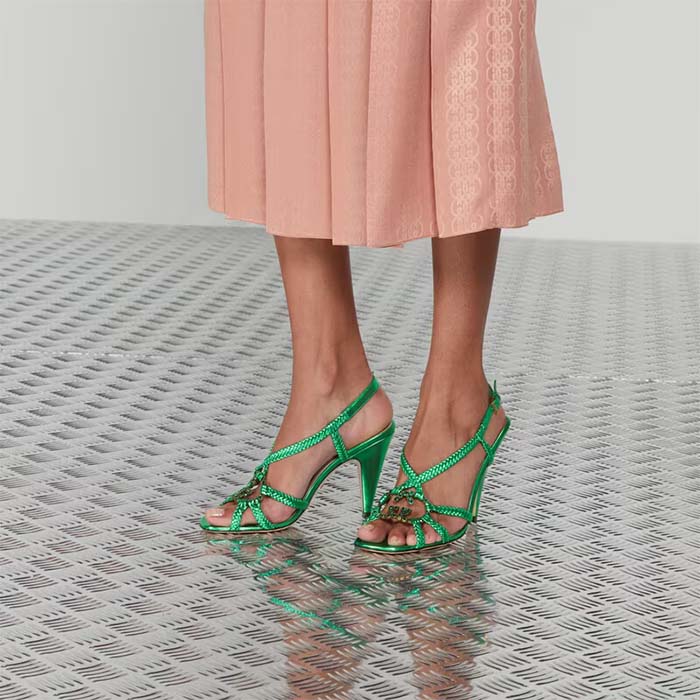 Gucci Women Crystal Interlocking G Sandal Green Metallic Braided Leather High Heel