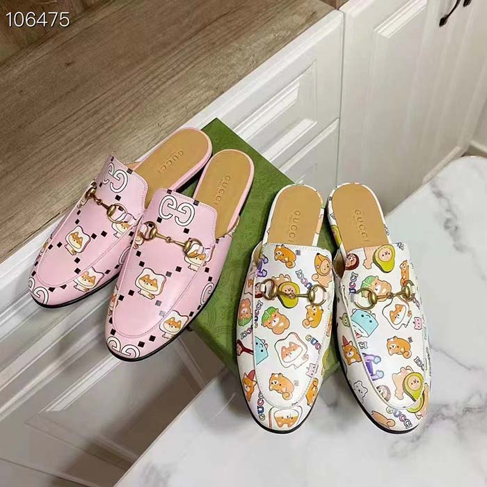 Gucci Women GG Animal Princetown Slipper Light Pink Leather Horsebit Flat
