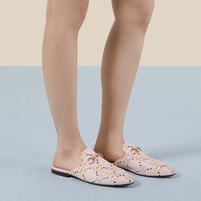 Gucci Women GG Animal Princetown Slipper Light Pink Leather Horsebit Flat