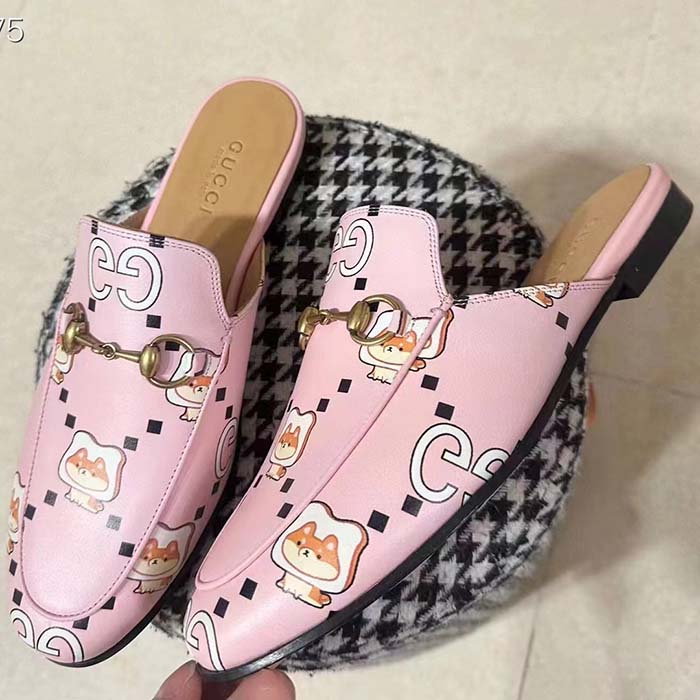 Gucci Women GG Animal Princetown Slipper Light Pink Leather Horsebit Flat
