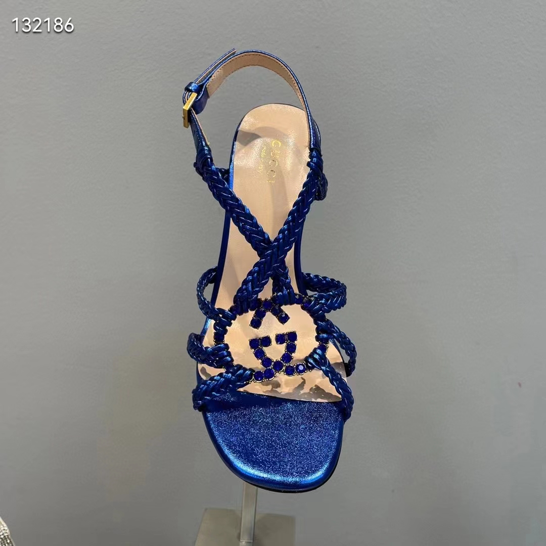 Gucci Women GG Cystal Interlocking G Sandal Blue Metallic Braided High 9 CM Heel
