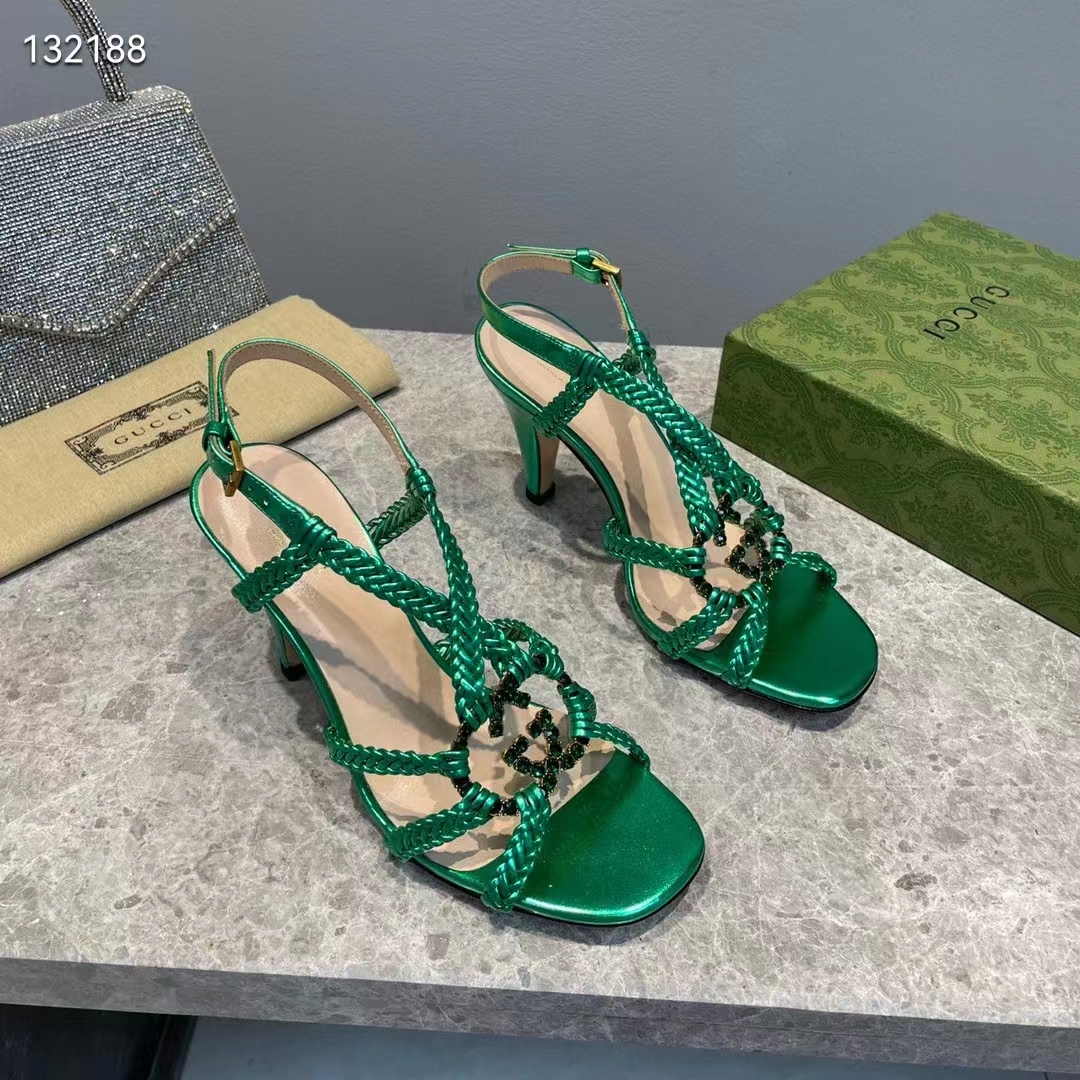 Gucci Women GG Cystal Interlocking G Sandal Green Metallic Braided High 9 CM Heel