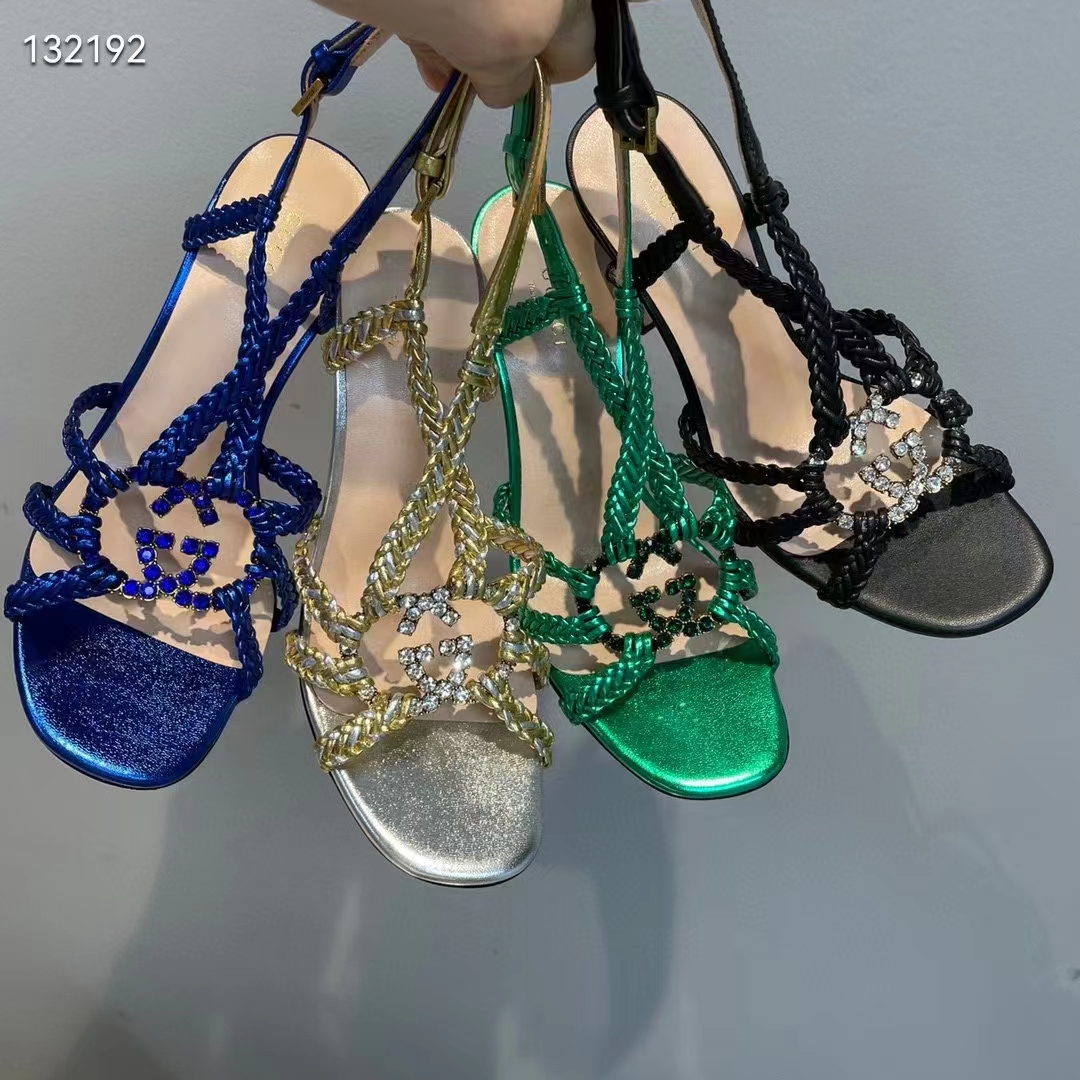 Gucci Women GG Cystal Interlocking G Sandal Blue Metallic Braided High 9 CM Heel