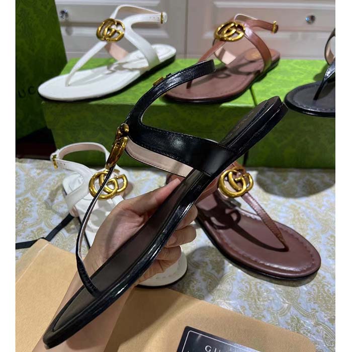 Gucci Women GG Double G Thong Sandal Black Leather Flat 0.5 CM Heel