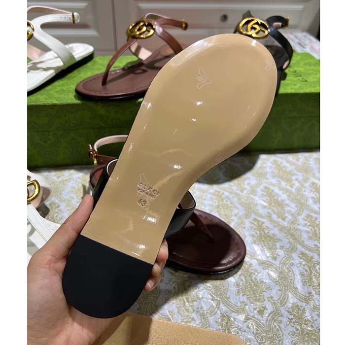 Gucci Women GG Double G Thong Sandal Black Leather Flat 0.5 CM Heel