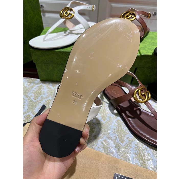 Gucci Women GG Double G Thong Sandal White Leather Flat 0.5 CM Heel