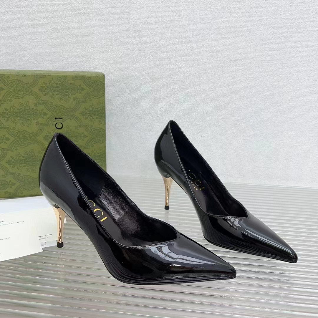 Gucci Women GG High Heel Pump Black Leather Pointed Toe 10 CM Heel
