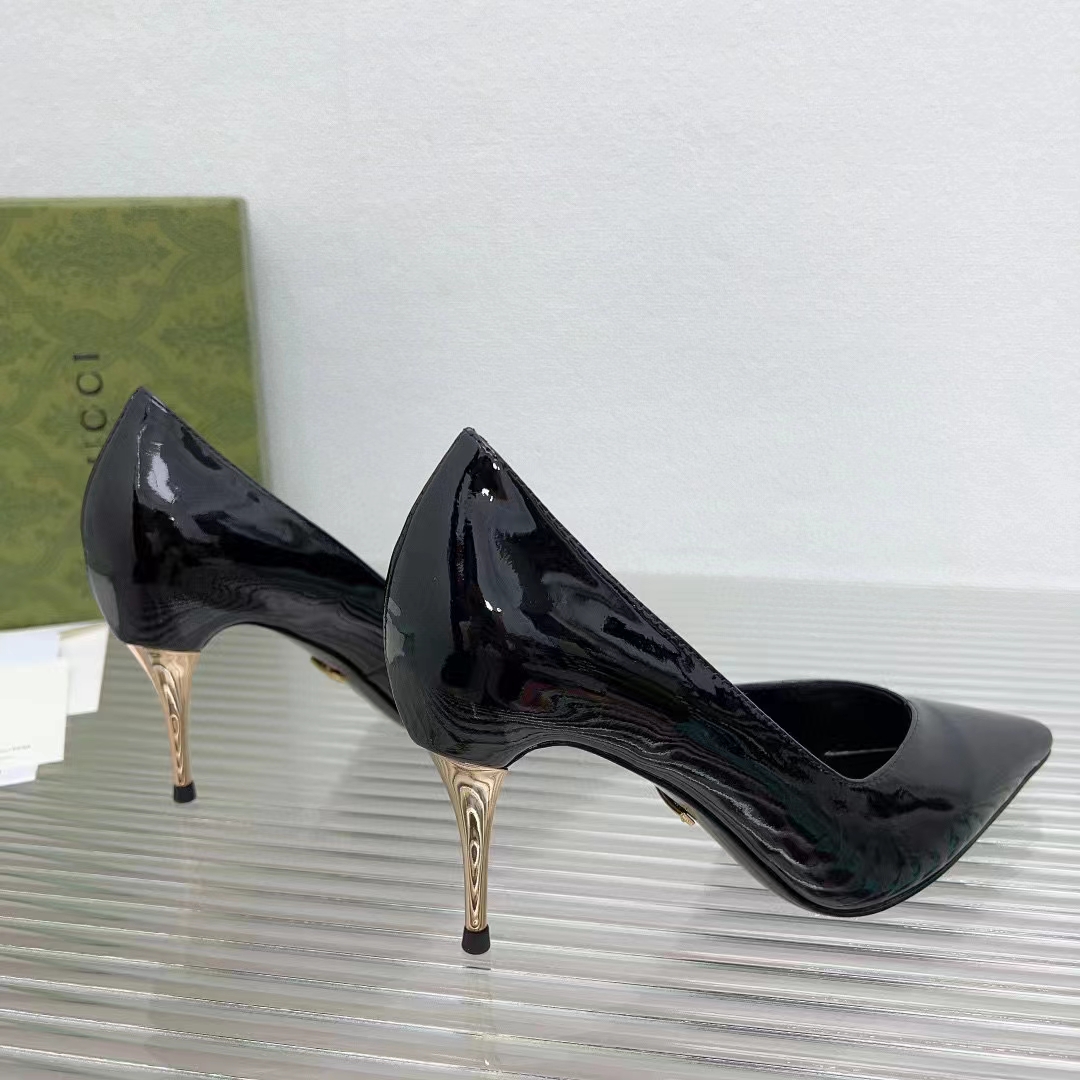 Gucci Women GG High Heel Pump Black Leather Pointed Toe 10 CM Heel