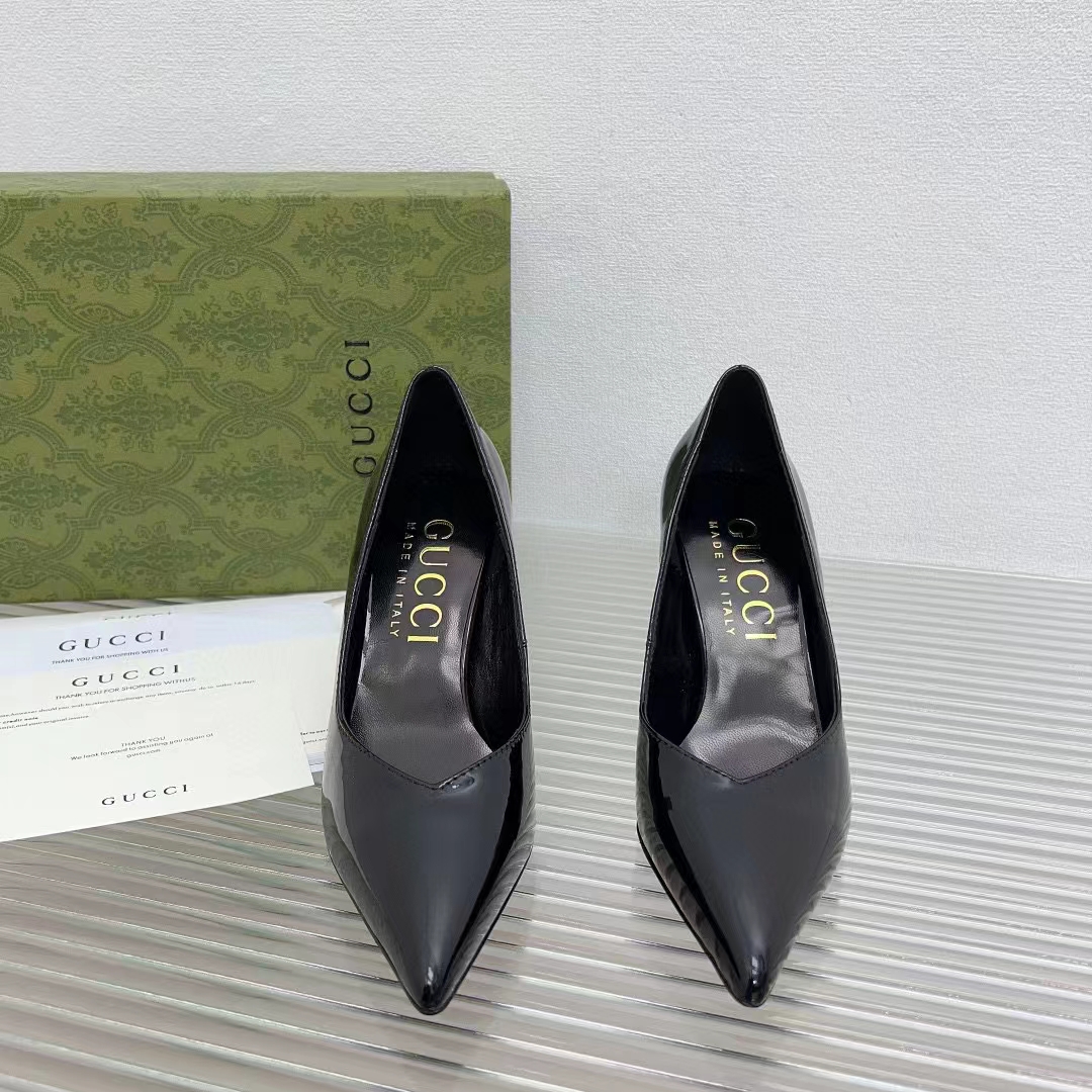 Gucci Women GG High Heel Pump Black Leather Pointed Toe 10 CM Heel