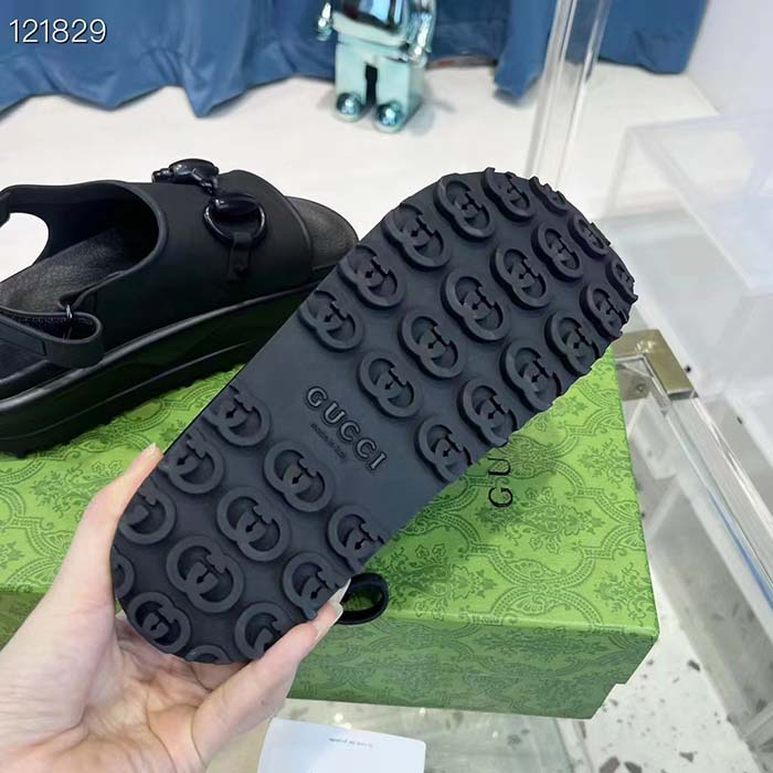Gucci Women GG Horsebit Platform Sandal Black Rubber Velcro Strap Closure
