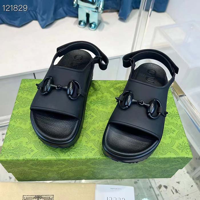 Gucci Women GG Horsebit Platform Sandal Black Rubber Velcro Strap Closure