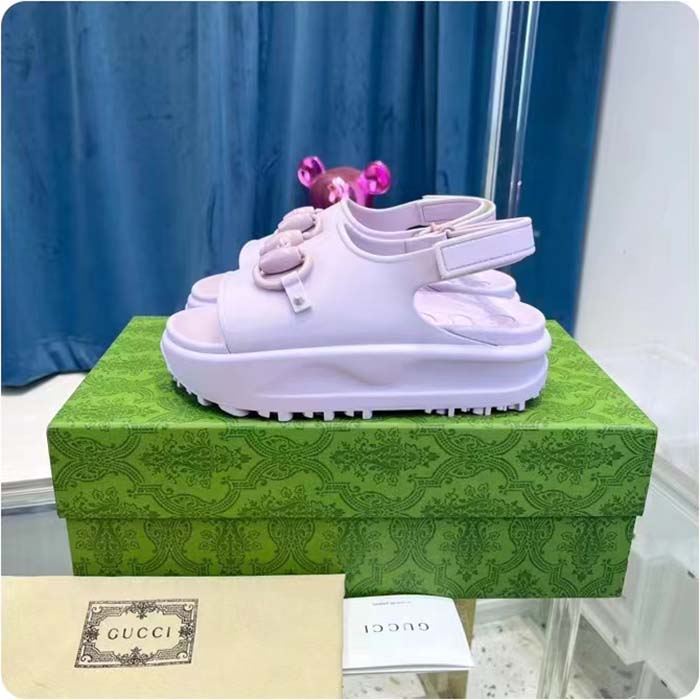 Gucci Women GG Horsebit Platform Sandal Light Pink Rubber Velcro Strap Closure