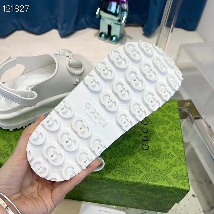 Gucci Women GG Horsebit Platform Sandal White Rubber Velcro Strap Closure