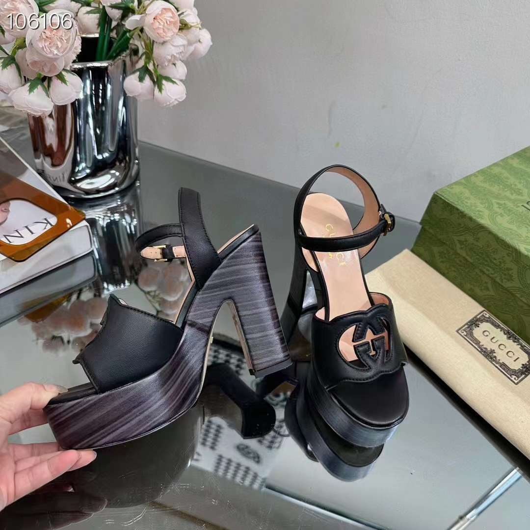 Gucci Women GG Interlocking G Sandal Black Leather Wooden High 12 CM Heel
