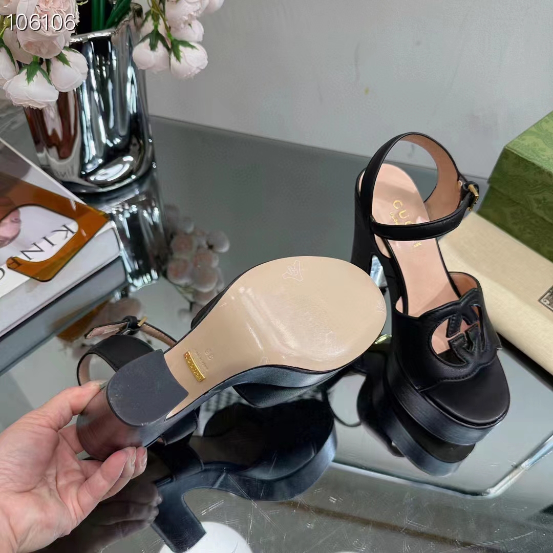 Gucci Women GG Interlocking G Sandal Black Leather Wooden High 12 CM Heel