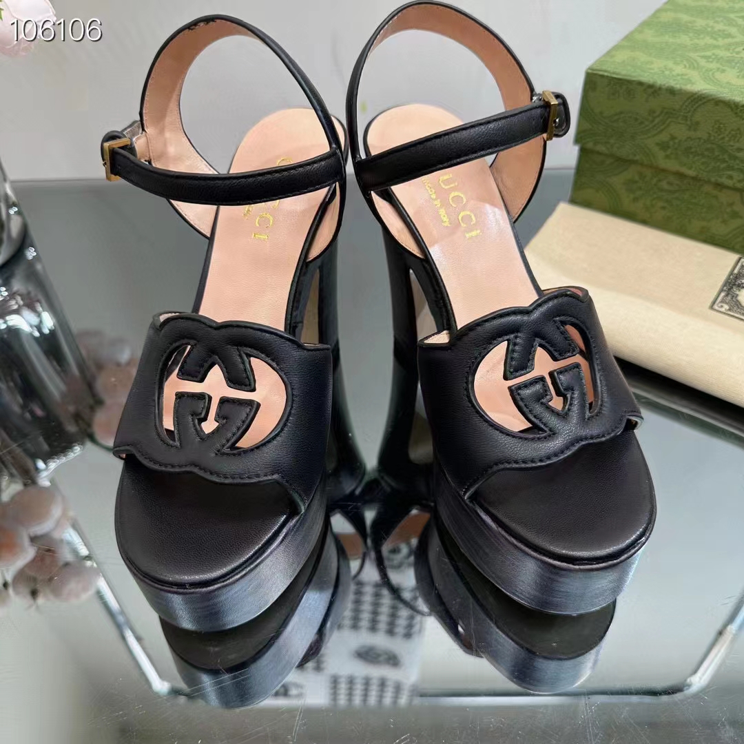 Gucci Women GG Interlocking G Sandal Black Leather Wooden High 12 CM Heel