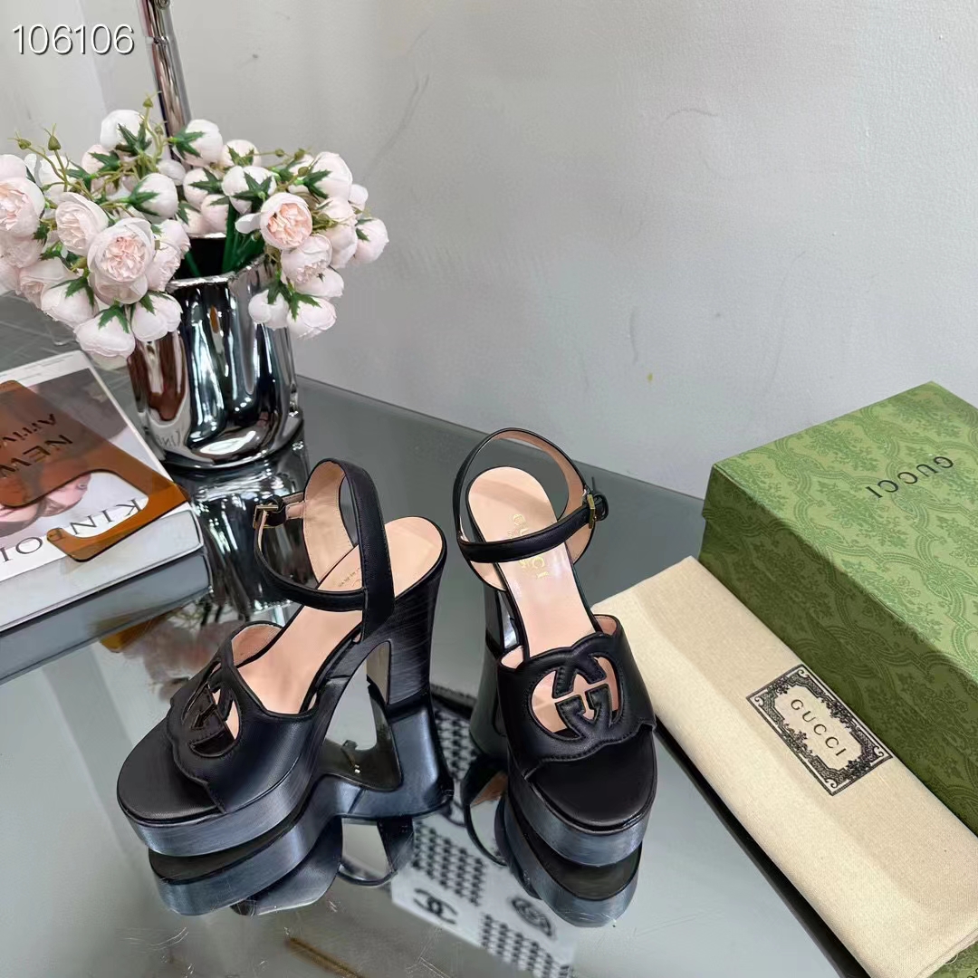 Gucci Women GG Interlocking G Sandal Black Leather Wooden High 12 CM Heel