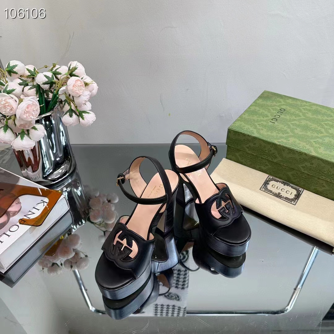 Gucci Women GG Interlocking G Sandal Black Leather Wooden High 12 CM Heel