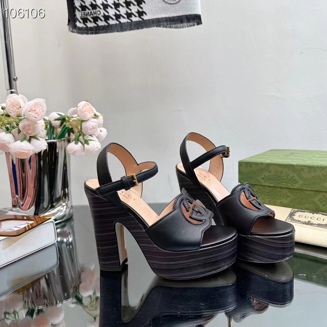 Gucci Women GG Interlocking G Sandal Black Leather Wooden High 12 CM Heel