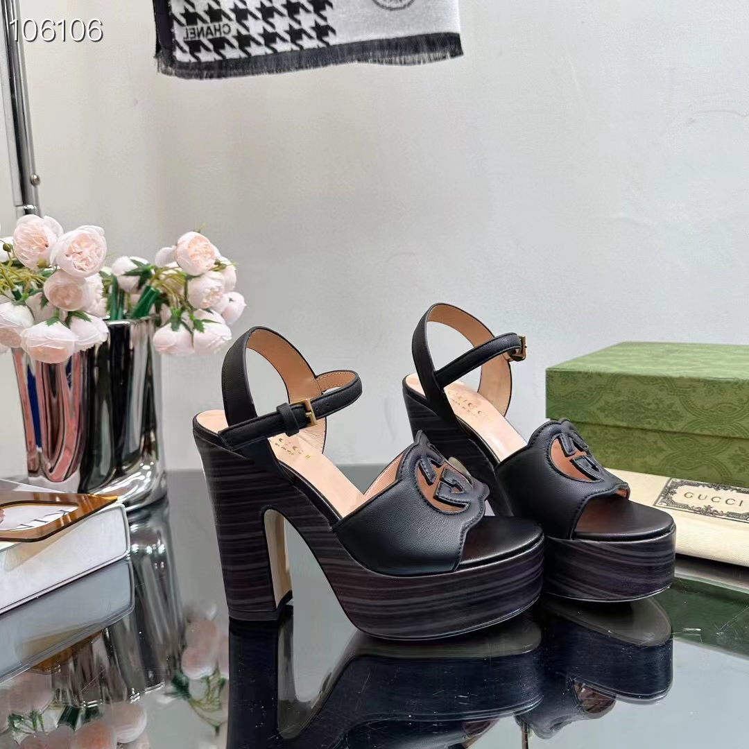 Gucci Women GG Interlocking G Sandal Black Leather Wooden High 12 CM Heel