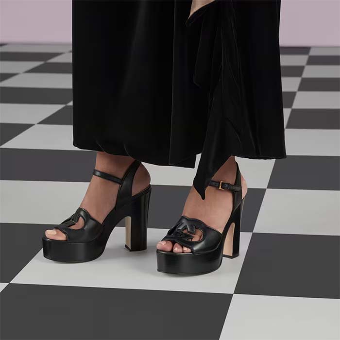 Gucci Women GG Interlocking G Sandal Black Leather Wooden High 12 CM Heel
