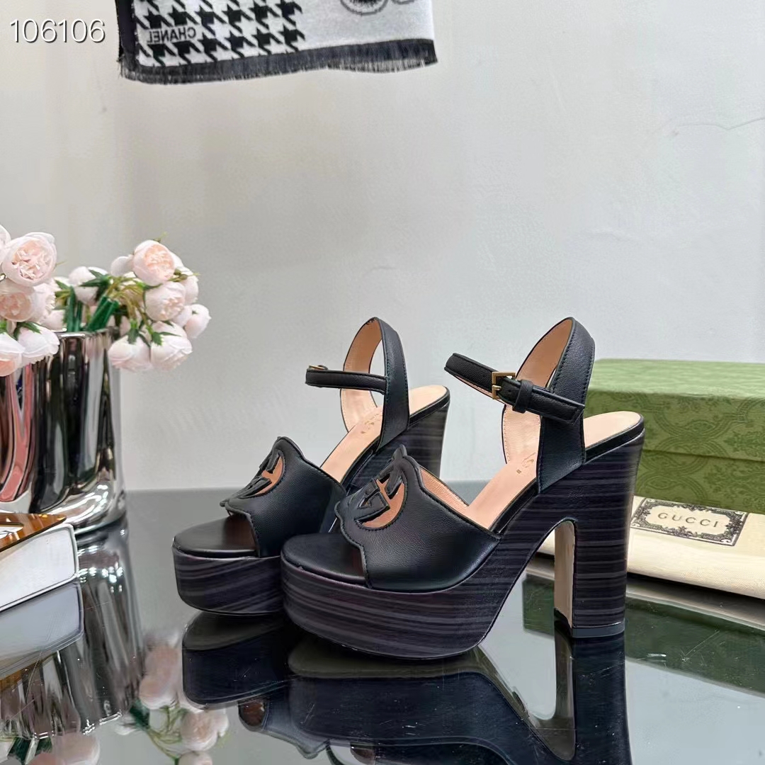 Gucci Women GG Interlocking G Sandal Black Leather Wooden High 12 CM Heel